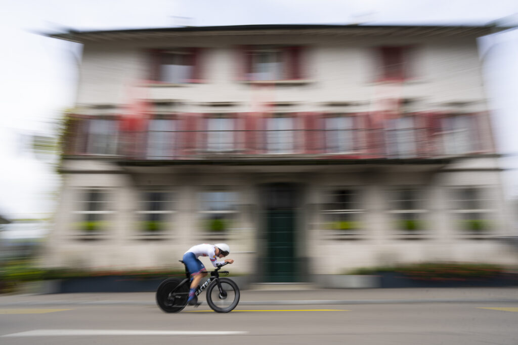 Finlay Tarling of Britain rides during the Junior Men individual time trial over 24.9 kilometres (15.5 miles) at the Cycling World Championships in Zurich, Switzerland, Monday, Sept. 23, 2024. (AP Photo/Peter Dejong)