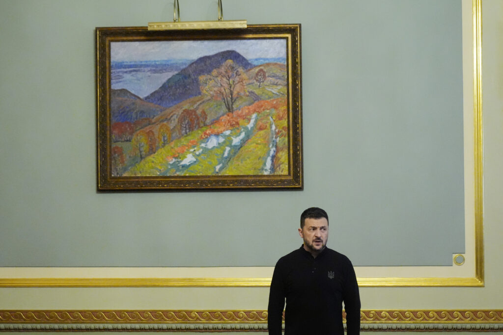 Ukraine's President Volodymyr Zelenskyy prepares to meet U.S. Secretary of State Antony Blinken and Britain's Foreign Secretary David Lammy at the Mariinsky Palace in Kyiv, Ukraine, Wednesday, Sept. 11, 2024. (AP Photo/Mark Schiefelbein, Pool)