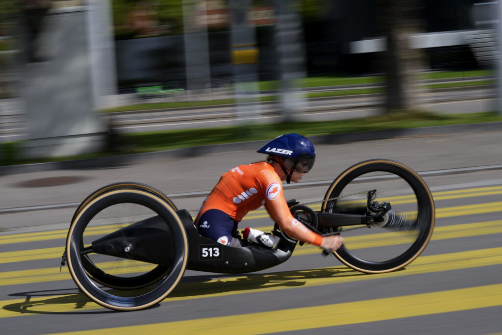 Chantal Haenen of the Netherlands competes in the para-cycling individual time-trial of the Cycling Road World Championships in Zurich, Switzerland, Tuesday, Sept. 24, 2024. (AP Photo/Peter Dejong)