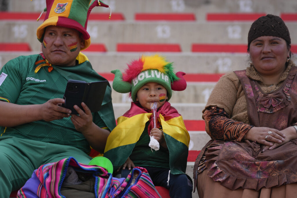 Bolivia fans wait for the start of a FIFA World Cup 2026 qualifying soccer match against Venezuela at the Municipal de Villa Ingenio stadium in El Alto, Bolivia, Thursday, Sept. 5, 2024. (AP Photo/Juan Karita)