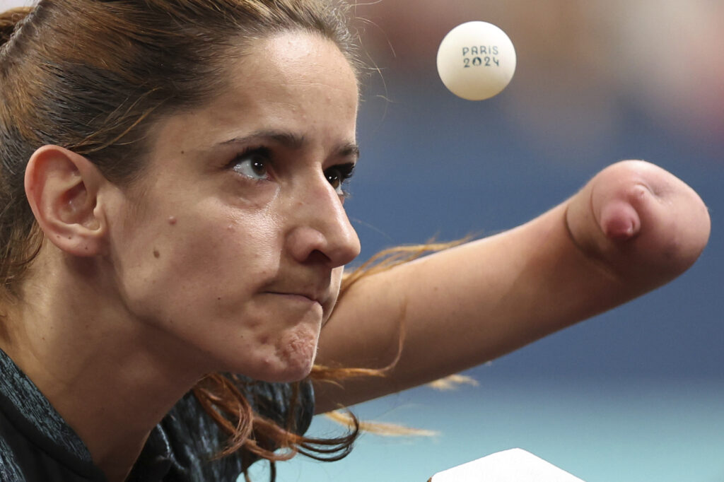 Norway's Aida Husic Dahlen competes against Germany's Juliane Wolf in the Women's Singles - WS8 - Semifinal at the 2024 Paralympics, on Friday, Sept. 6, 2024 in Paris, France. (AP Photo/Aidan Conrad)