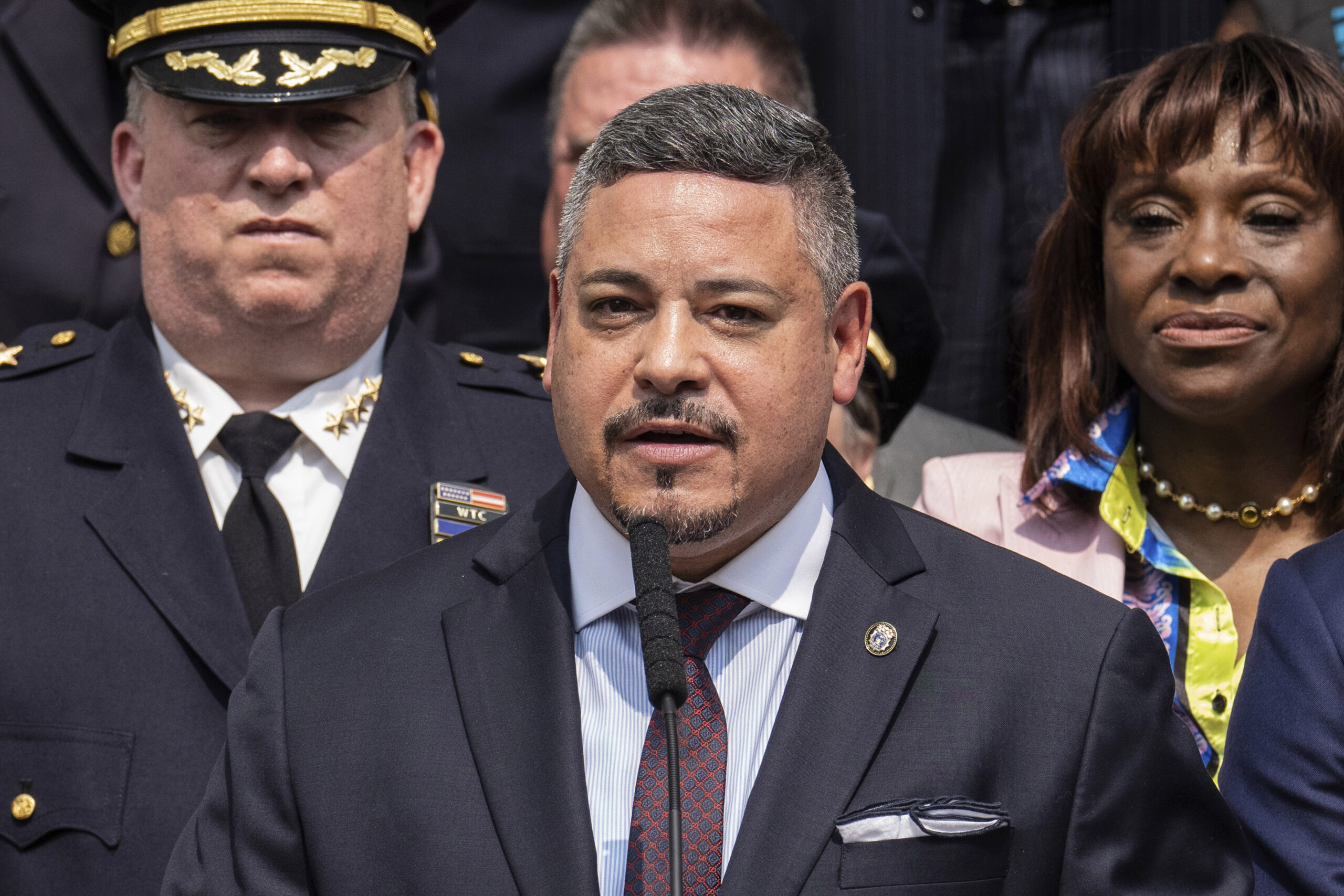 Edward A. Caban speaks after being sworn in as NYPD police commissioner outside New York City Police Department 40th Precinct, July 17, 2023, in New York. AP Photo/Jeenah Moon, File