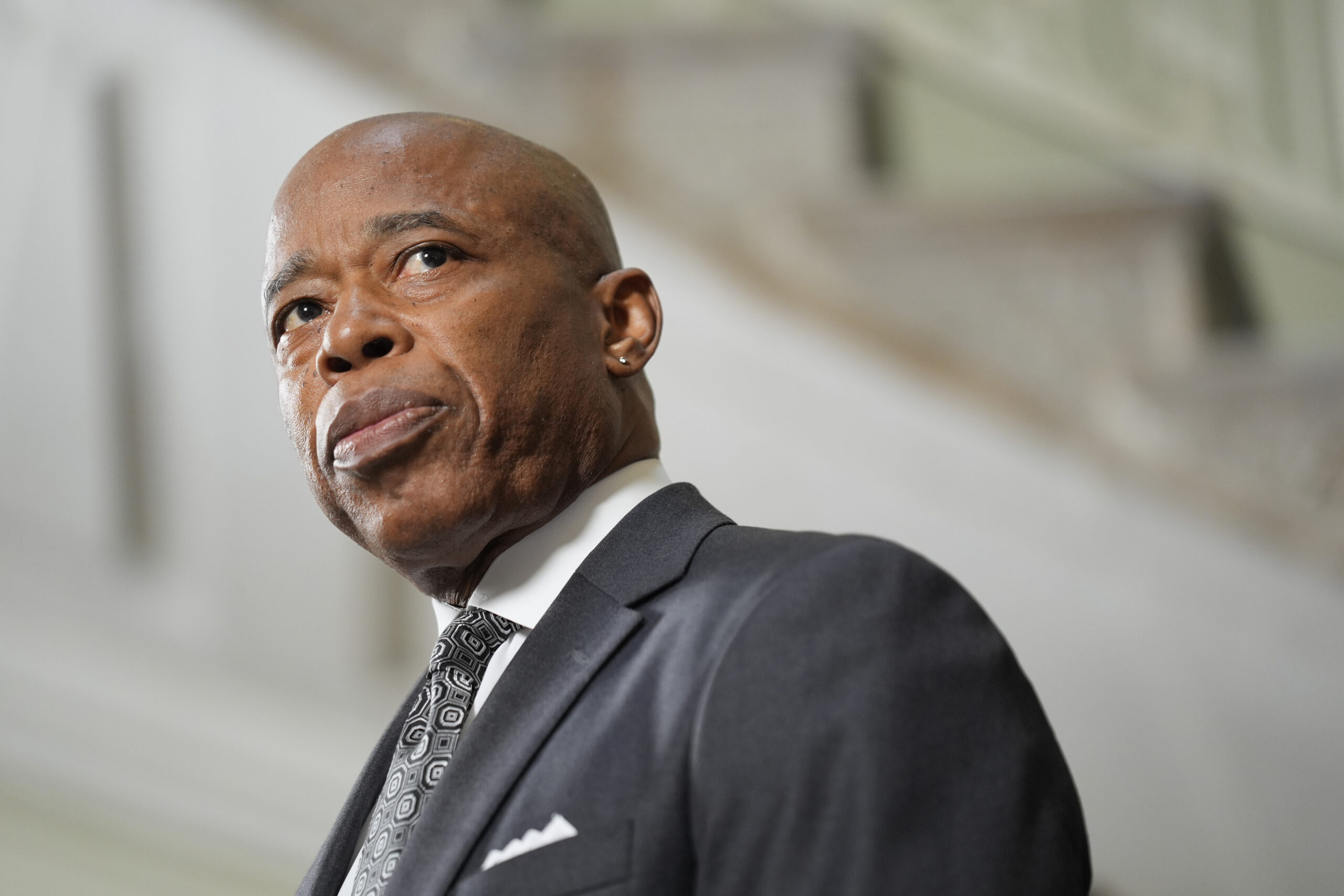 New York City Mayor Eric Adams speaks to members of the press at a news conference in New York, Monday, Sept. 16, 2024. AP Photo/Seth Wenig