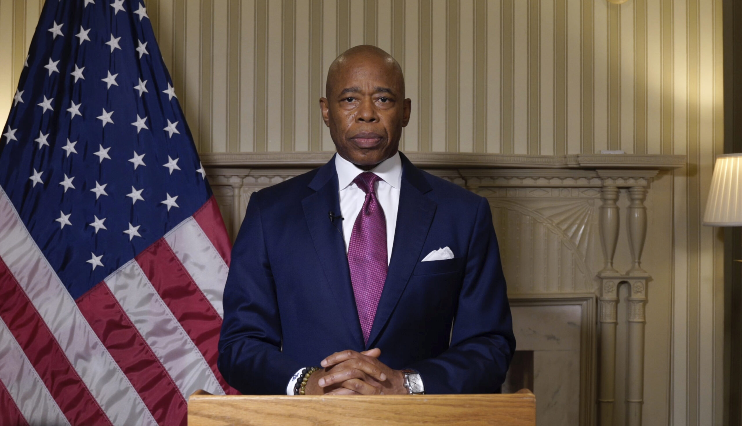 This image taken from video released by New York City Office of the Mayor, Wednesday, Sept. 25, 2024, shows Mayor Eric Adams speaking during a videotaped statement. New York City Office of the Mayor via AP