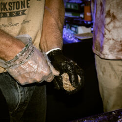 A farmer from Blackstone Point Oysters shucks oysters for the table.