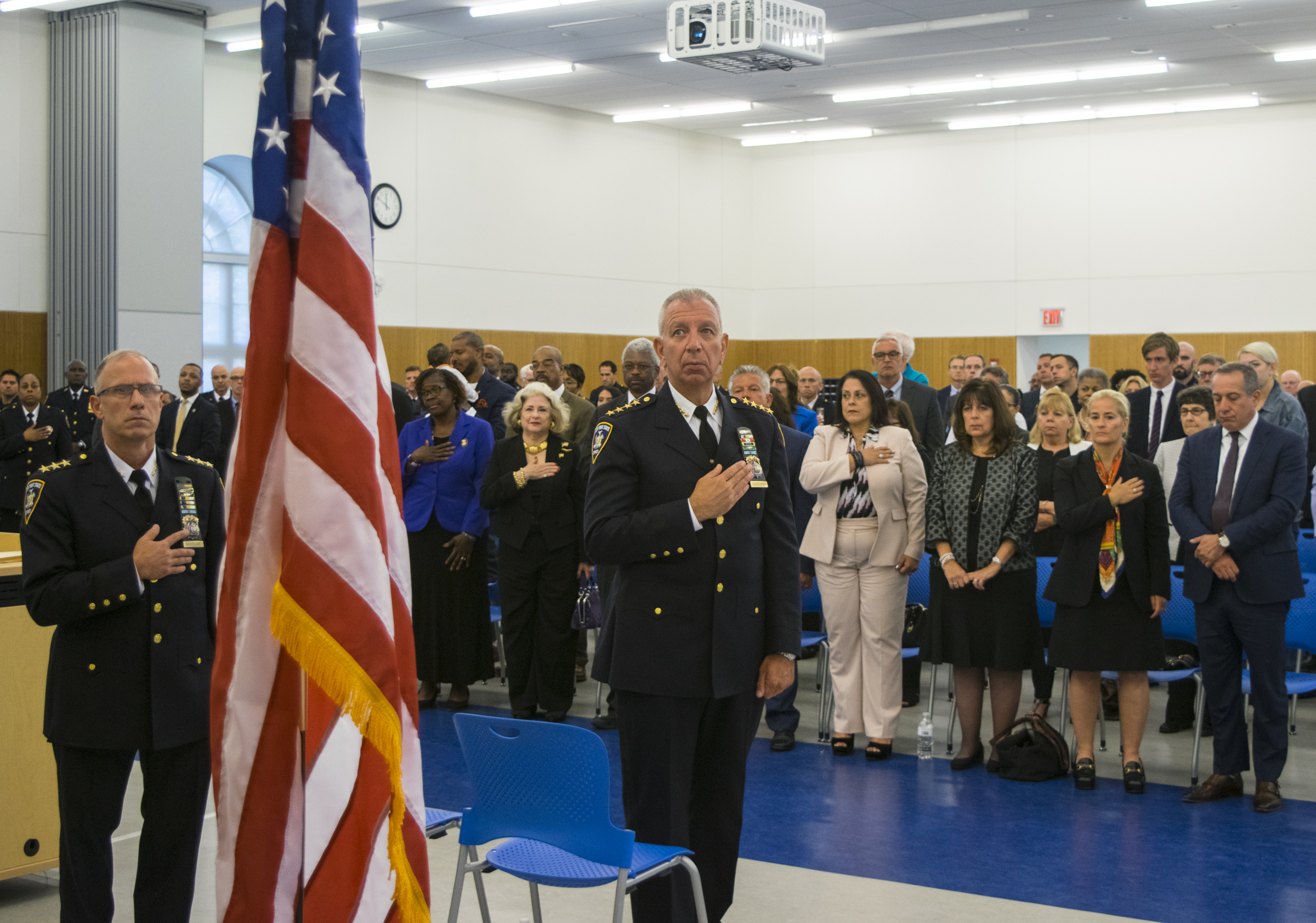 The New York court system held its annual 9/11 memorial event in Brooklyn in 2019 to mark the passing of 18 years. Chief of Public Safety Michael Magliano (center) and Chief of Training Joseph Baccellieri Jr. (left) helped to lead the memorial, honoring the fallen court officers and first responders. Brooklyn Eagle photo by Robert Abruzzese