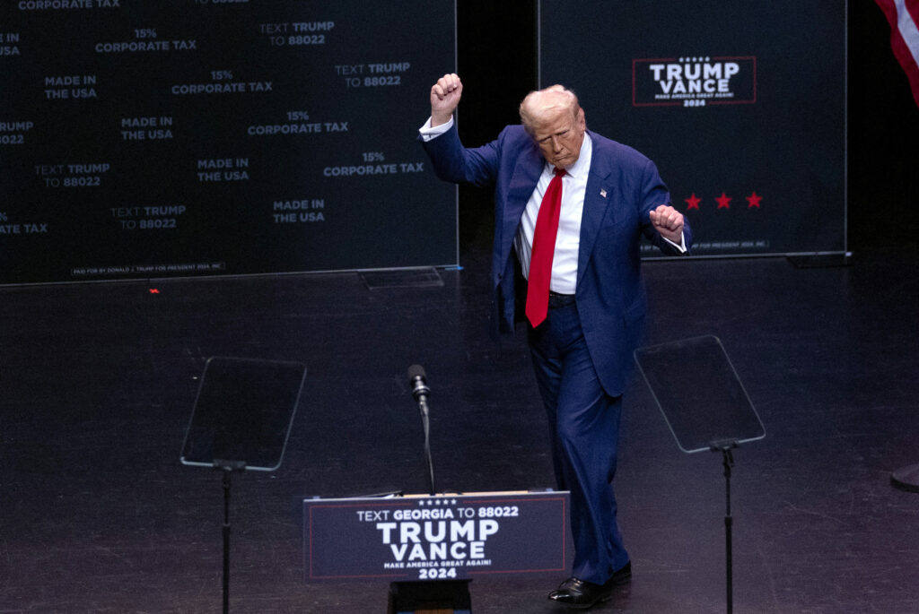 Republican presidential nominee former President Donald Trump dances after speaking at a campaign event Tuesday, Sept. 24, 2024, in Savannah, Ga. (AP Photo/John Bazemore)