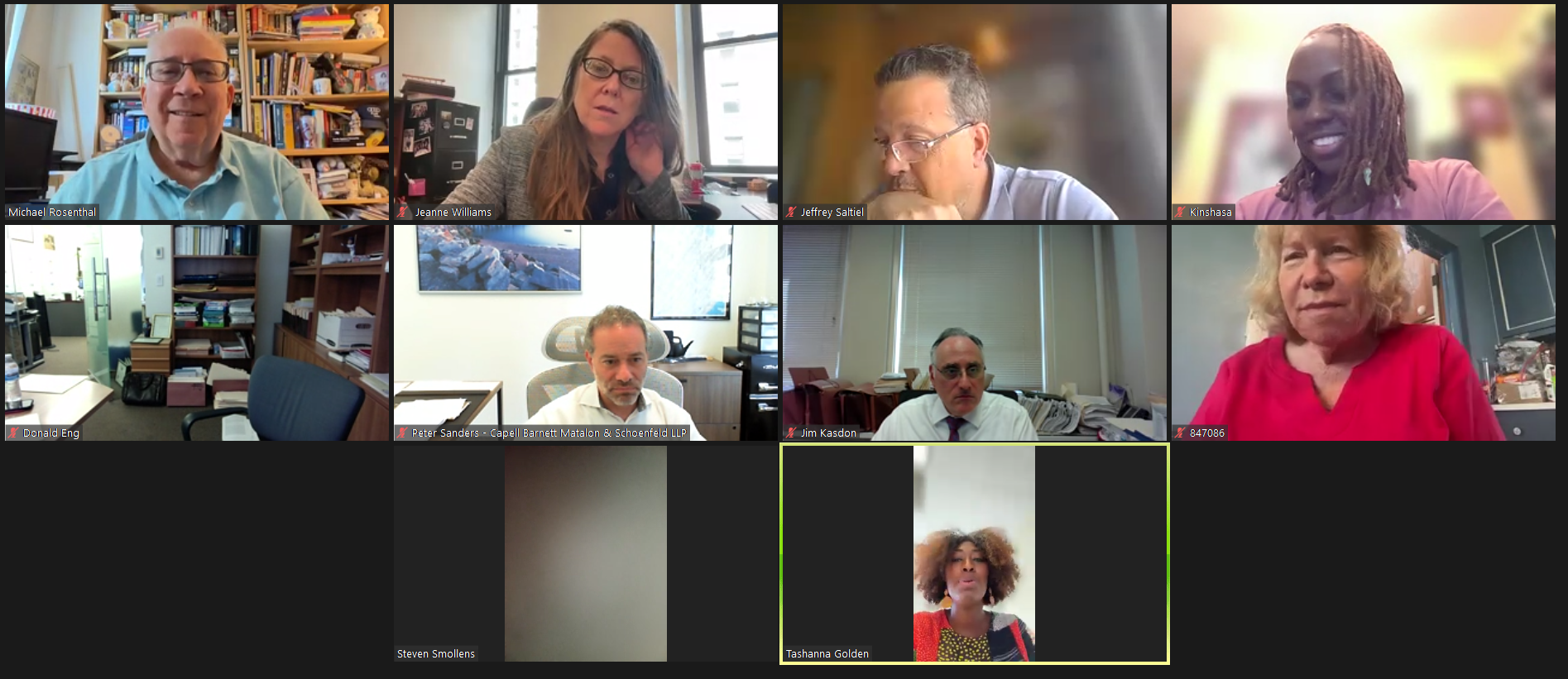 Members of the Kings County Housing Court Bar Association, including President Michael Rosenthal and Officer Jeffrey Saltiel, gather via Zoom with Hon. Tashanna B. Golden to discuss the use of aliases in landlord-tenant cases. Screenshot via Zoom