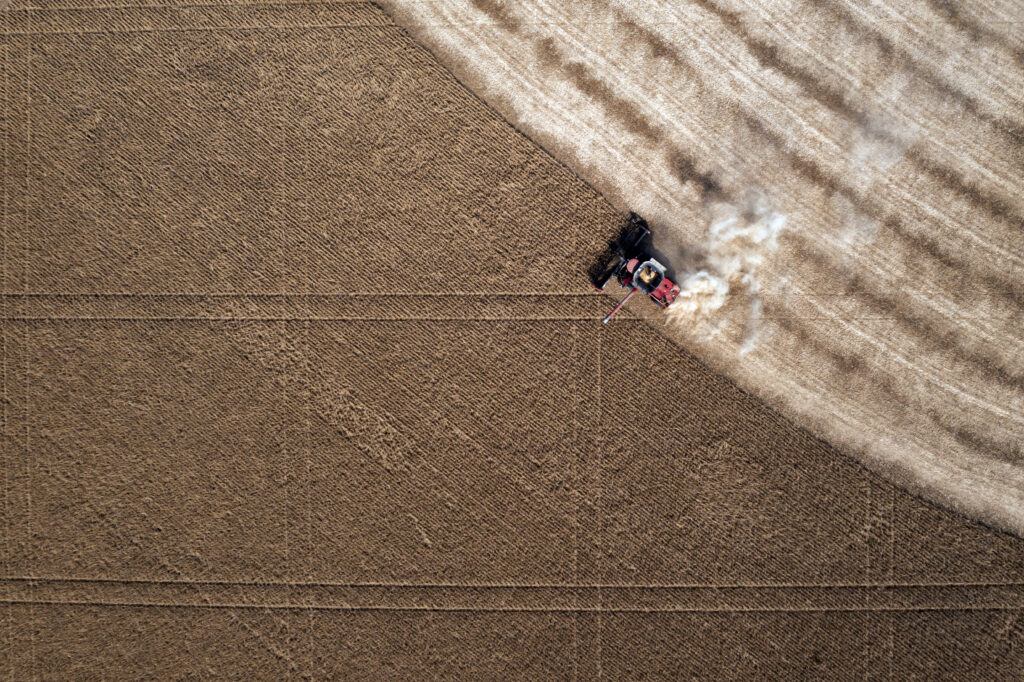 In this image taken with a drone, Jason Kwapil operates a combine during soybean harvesting on the Voss farm near Palo, Iowa, Wednesday, Oct. 2, 2024. (Nick Rohlman/The Gazette via AP)