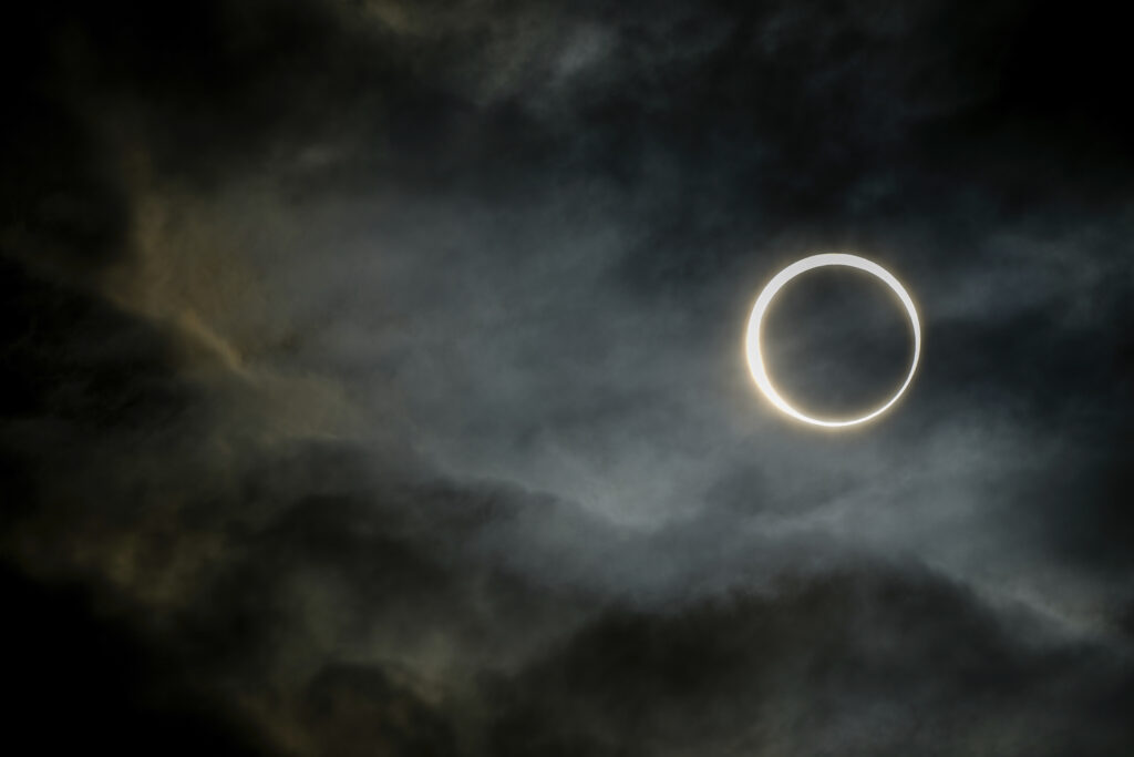 The moon moves past the sun during an annular solar eclipse in Puerto San Julian, Argentina, Wednesday, Oct. 2, 2024. (AP Photo/Natacha Pisarenko)