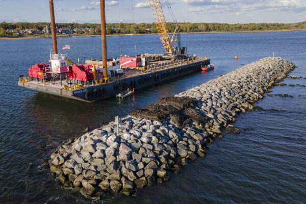 Construction is wrapping up on eight eco-friendly "Living Breakwaters" at the southernmost tip of New York City, off the coast of Staten Island, Wednesday, Oct. 9, 2024. AP Photo/Ted Shaffrey