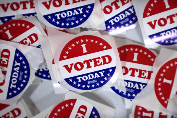 "I voted" stickers are seen in the Polk County Election Office during early voting, Wednesday, Oct. 16, 2024, in Des Moines, Iowa. Photo: Charlie Neibergall/AP