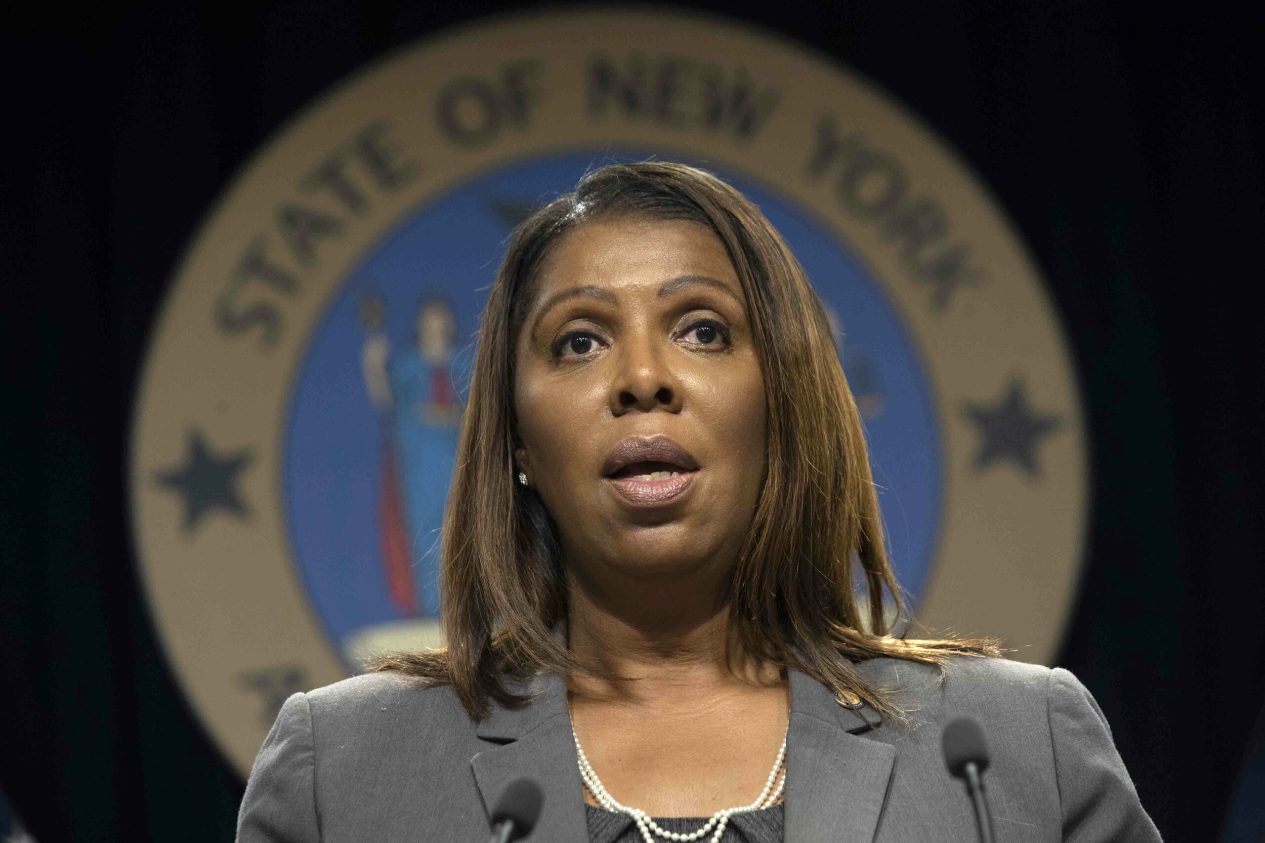 New York Attorney General Letitia James speaks during a news conference, in New York, June 11, 2019. AP Photo/Mary Altaffer, File