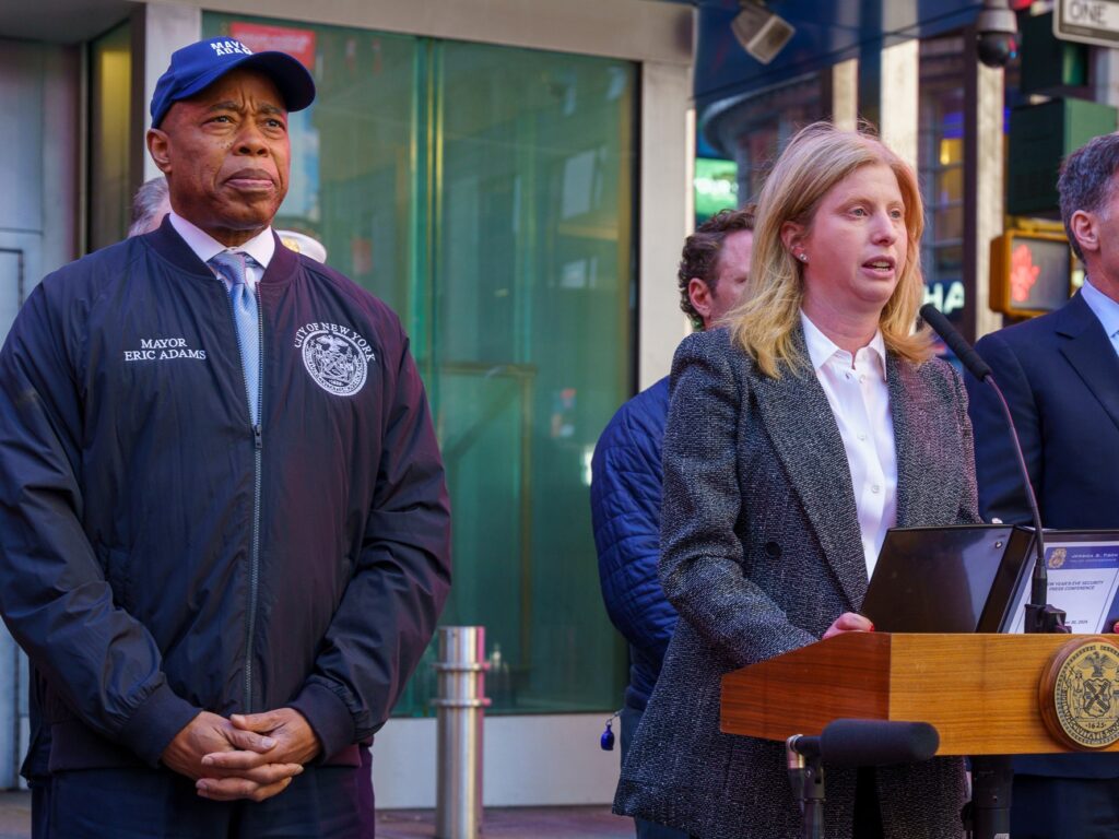 New York City Mayor Eric Adams and Police Commissioner Jessica Tisch brief reporters on New Year's Eve safety in Times Square on Monday, Dec. 30, 2024. Photo by Benny Polatseck/Mayoral Photography Office