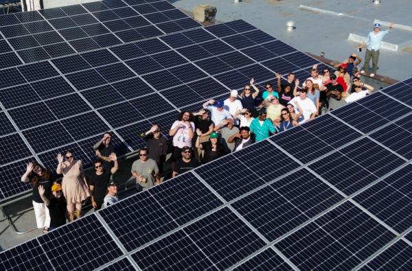 Brooklyn SolarWorks team poses between solar panels on top of their headquarters.