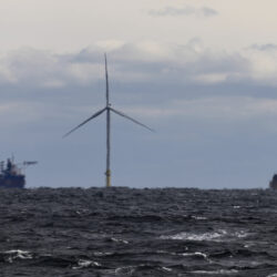 The first operating South Fork Wind farm turbine, Thursday, Dec. 7, 2023, stands east of Montauk Point, N.Y. Photo: Julia Nikhinson/AP