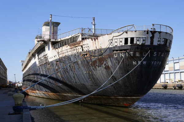 The SS United States, a storied but aging ocean liner, is moored on the Delaware River waterfront, Thursday, Oct. 24, 2024, in Philadelphia. AP Photo/Matt Slocum