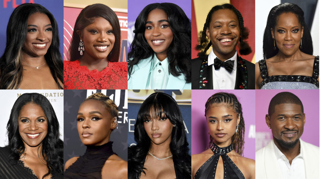 This combination of photos shows, top row from left, Simone Biles, Doechii, Ayo Edebiri, Jeremy O. Harris and Regina King, and bottom row from left, Audra McDonald, Janelle Monáe, Angel Reese, Tyla and Usher. AP Photo