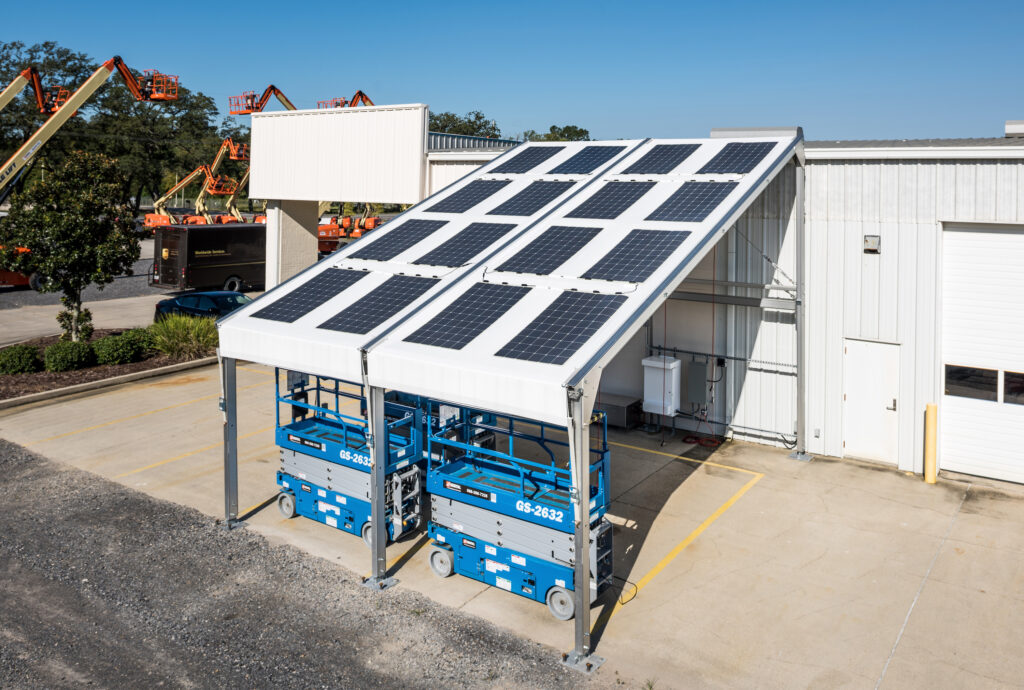 Pvilion's Heavy Duty Portable Solar Canopy can be permanent or temporary and power anything from outdoor events to charging heavy equipment. It also comes with removable side walls. Photo courtesy of Pvilion