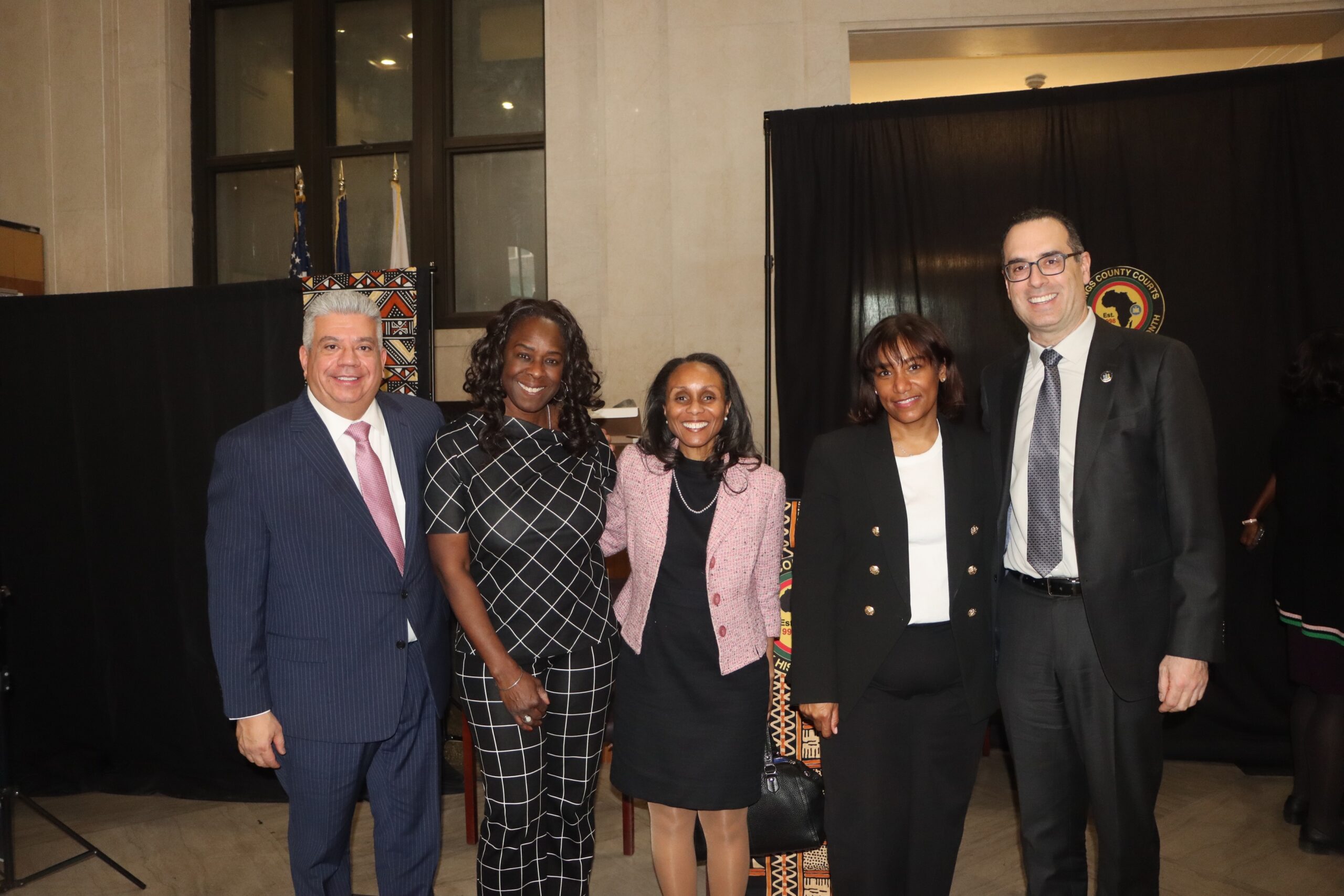 From left: Brooklyn District Attorney Eric Gonzalez, Leah Richardson, co-chair of the Kings County Black History Month Committee, Hon. Tamiko Amaker, Hon. Keshia Espinal and Adam Silvera, deputy chief administrative judge for New York City Courts. Photo by Mario Belluomo