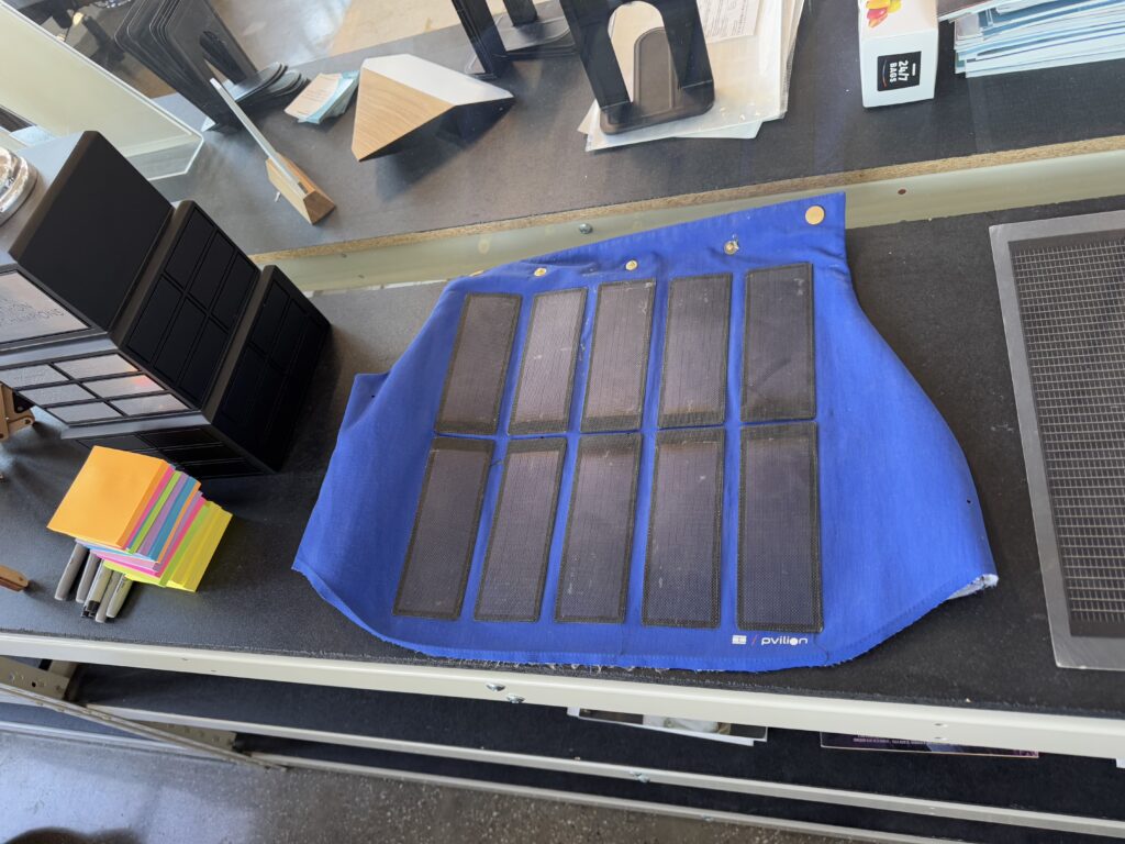 A fabric sample with integrated solar cells. Brooklyn Eagle photo by Andrew Scott