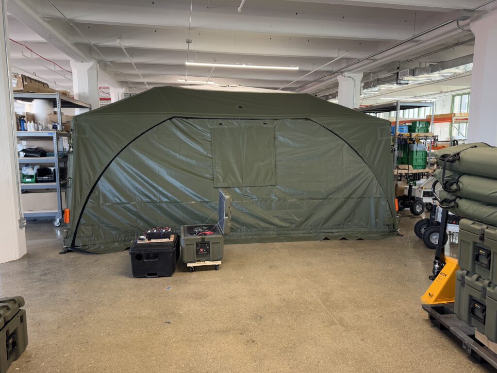 The external of one of Pvilion's military-grade, self-erecting tents. Brooklyn Eagle photo by Andrew Scott