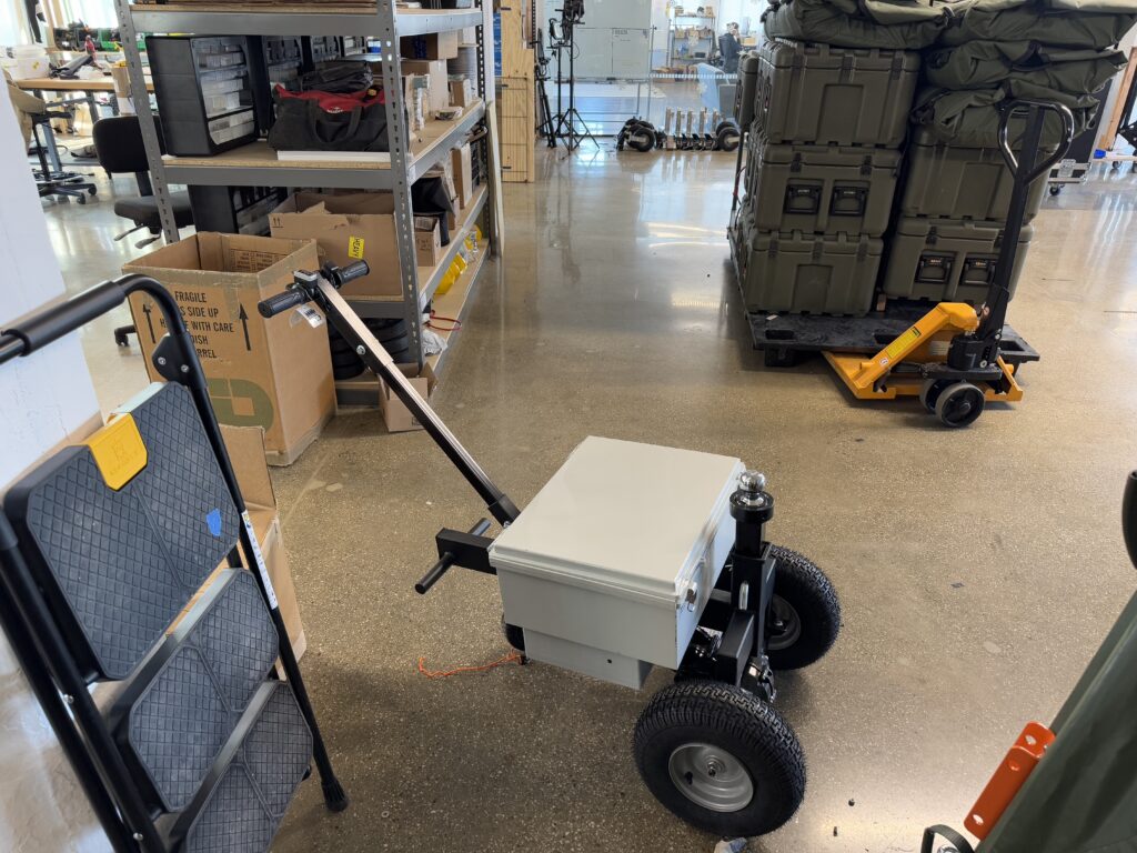 One of the motorized trollies for Pvilion's military-grade, self-erecting tents. Brooklyn Eagle photo by Andrew Scott