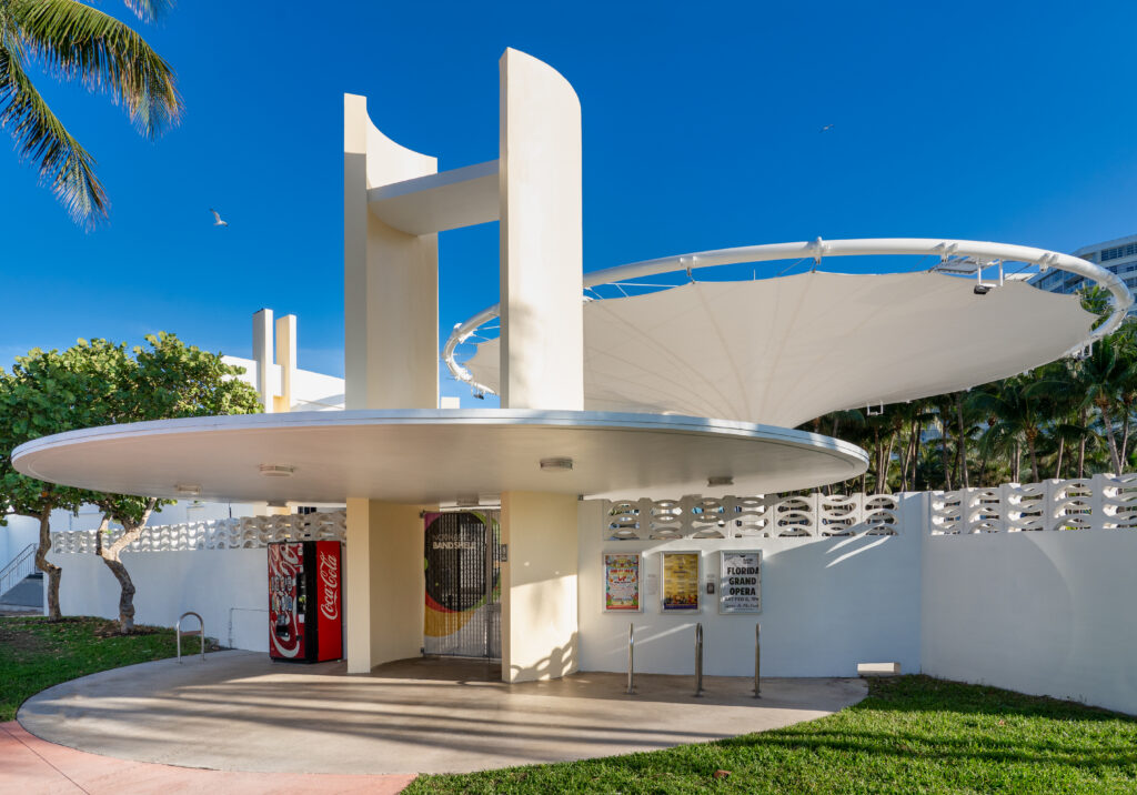 The Rhythm Foundation asked Pvilion to create a solar-powered canopy for shade and rain protection. They delivered a functional work of art inspired by Miami Modern architect Norman N. Giller. It features an enhanced drainage system, turtle-friendly lights and a 70’ canopy that can withstand most Florida wind thresholds or retract for a hurricane. Photo courtesy of Pvilion