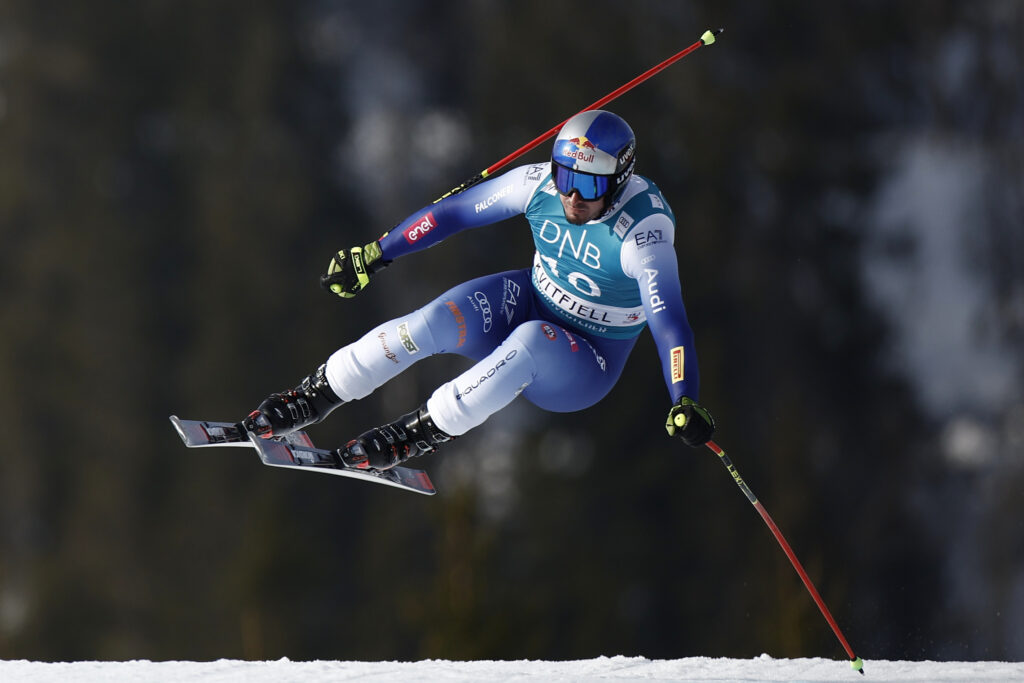 Italy's Dominik Paris speeds down the course during an alpine ski, men's World Cup downhill, in Kvitfjell, Norway, Friday, March 7, 2025.