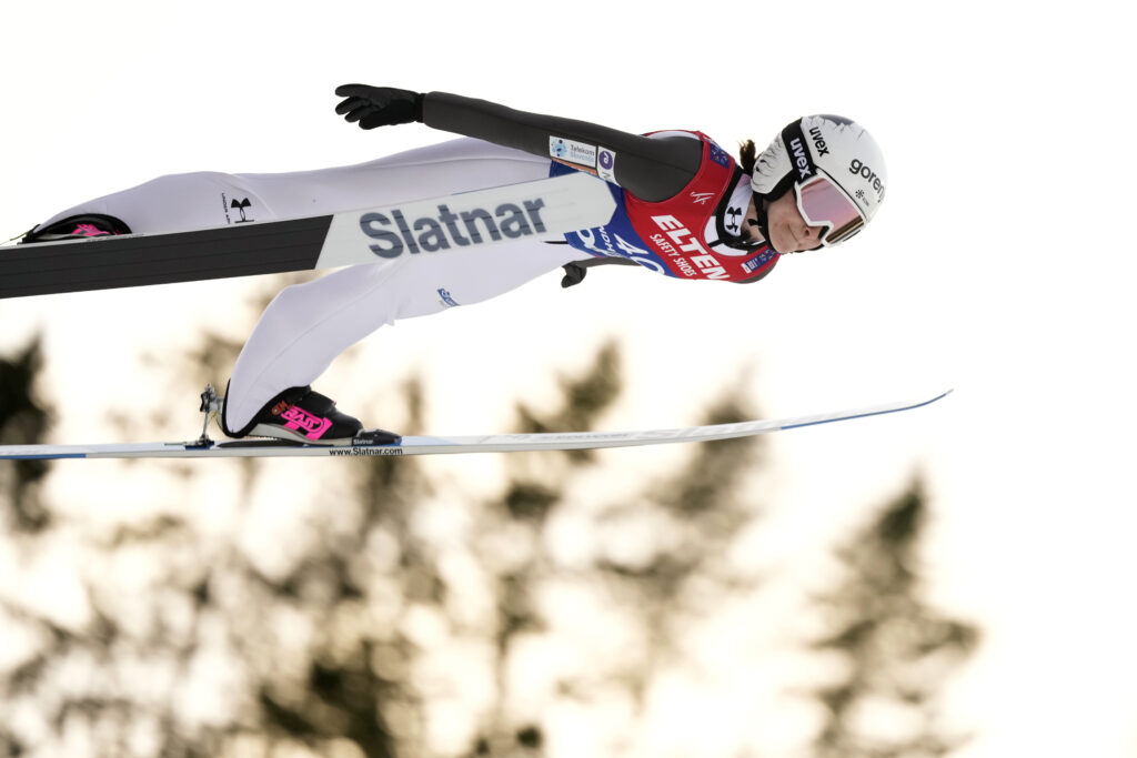 Nika Prevc, of Slovenia soars through the air during her first round jump of the ski jumping women's large hill individual competition at the Nordic World Ski Championships in Trondheim, Norway, Friday, March 7, 2025.