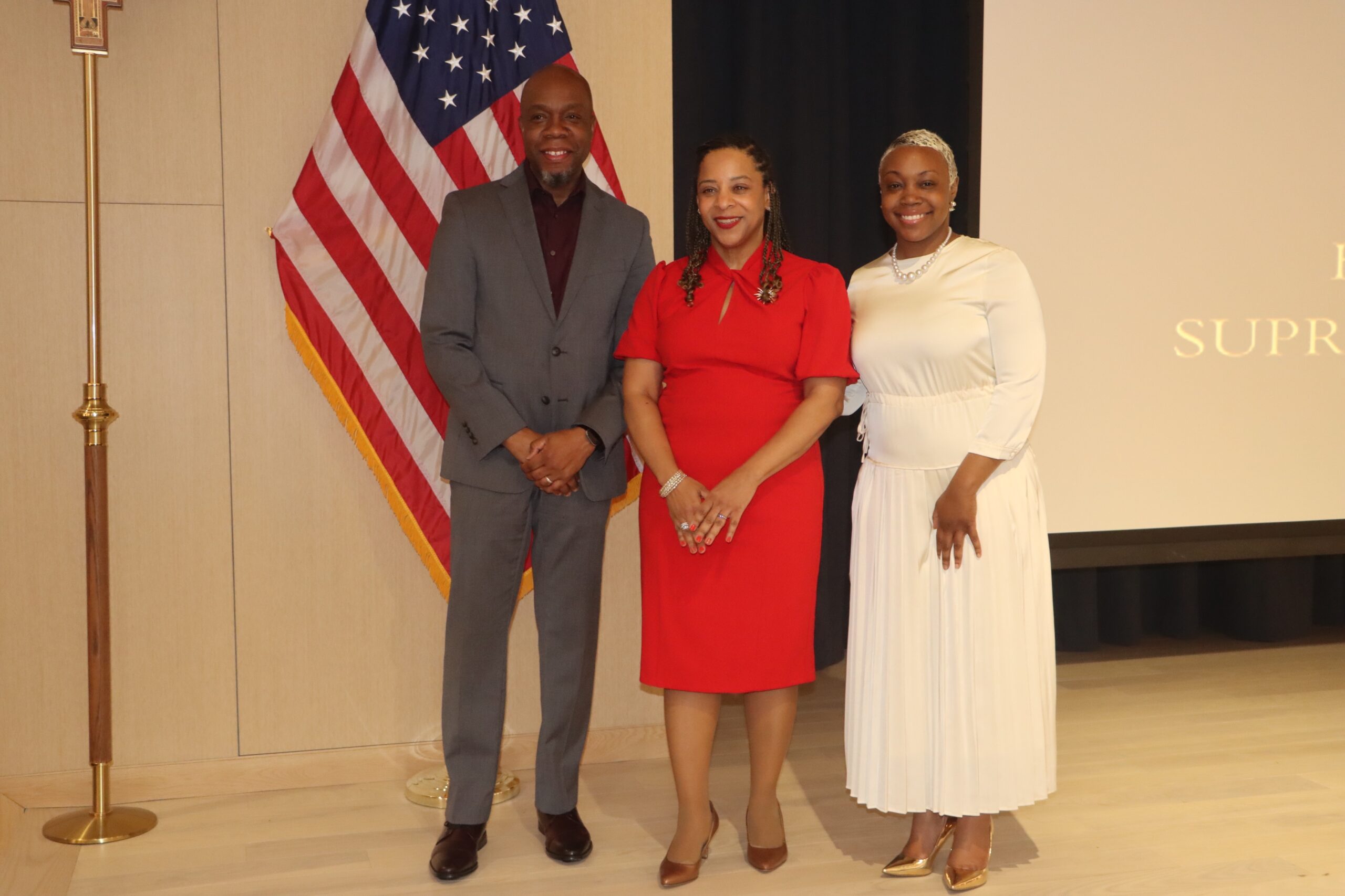 From left: Henry Butler, assemblymember, D-56, and vice chair of the Kings County Brooklyn Democratic Party; Hon. Lisa Lewis; and Mistress of Ceremonies Olanike Alabi. Brooklyn Eagle Photo by Mario Belluomo