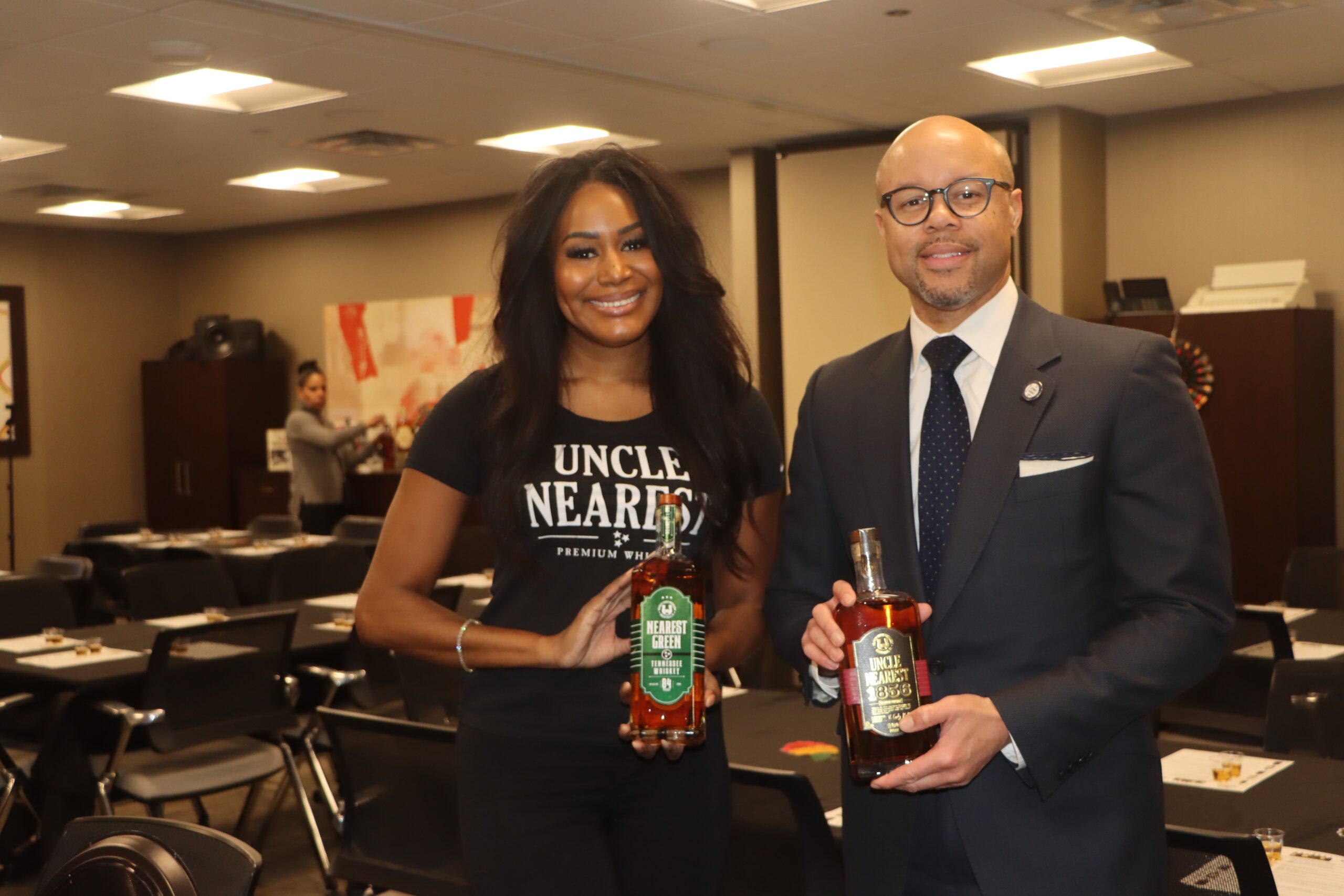 Nicole Lyons, Uncle Nearest brand ambassador (left), alongside Anthony Vaughn Jr., president, Brooklyn Bar Association. Brooklyn Eagle photos by Mario Belluomo