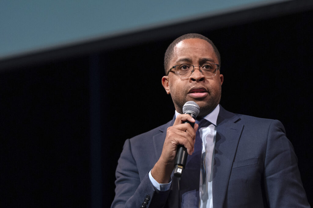 Sen. Zellnor Myrie speaks during a District Council 37 New York City mayoral forum, Wednesday, Feb. 26, 2025, in New York. Photo: Julia Demaree Nikhinson/AP