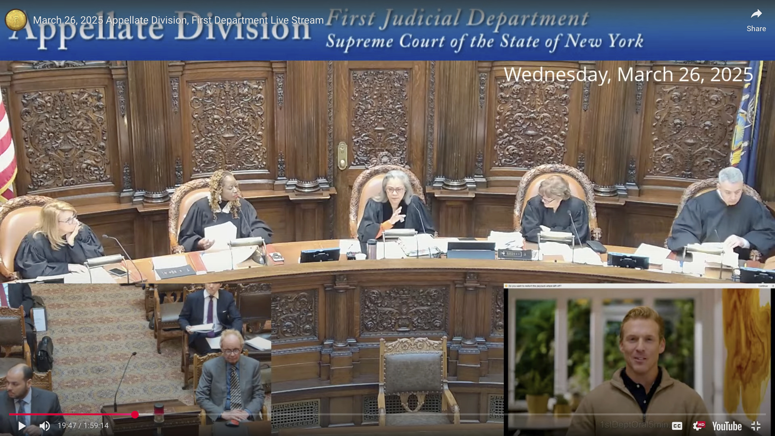 This screenshot from a video labeled as a March 26, 2025 live stream video on the YouTube channel of the Appellate division of the First Judicial Department of the Supreme Court of the state of New York, shows an artificial intelligence-generated avatar, bottom right, addressing the justices on a video screen set up in the courtroom. Appellate division of the First Judicial Department of the Supreme Court of the state of New York via AP