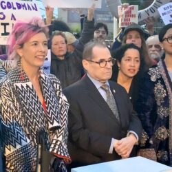 From left: Victoria Alexander of Resilient Red Hook, Rep. Jerry Nadler, Councilmembers Alexa Aviles and Shahana Hanif, and other officials spoke at a rally in Red Hook Thursday for the Brooklyn Marine Terminal Project. Photo: Mary Frost, Brooklyn Eagle