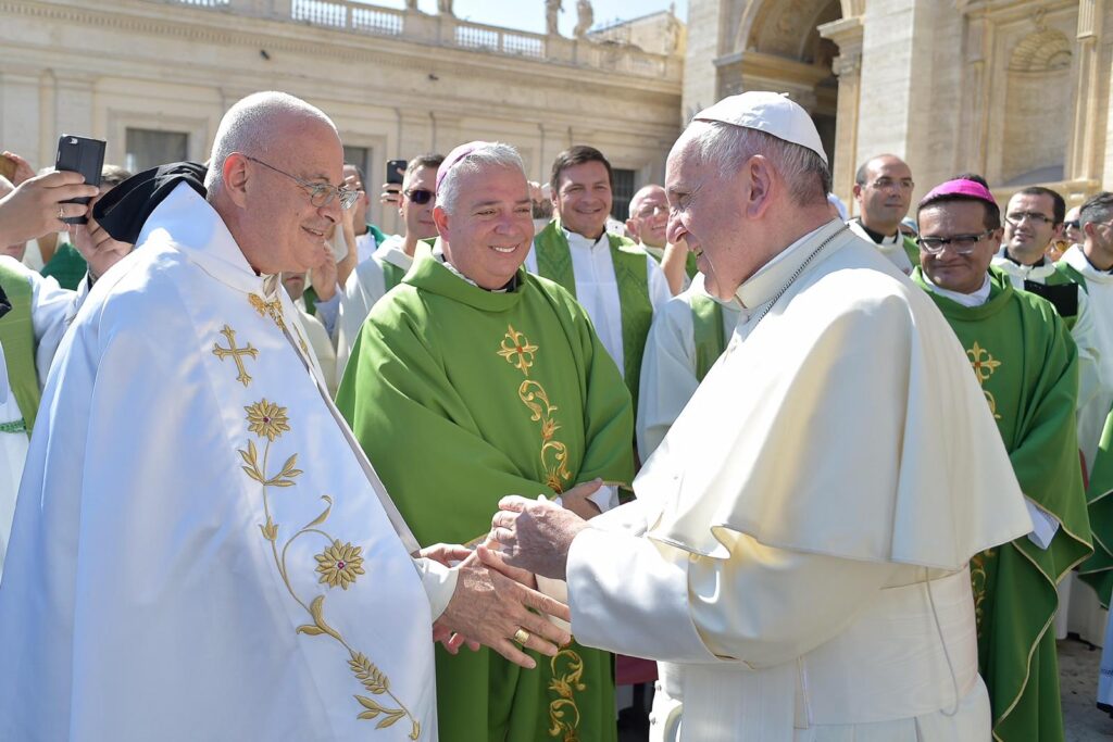 Maronite Bishop Gregory Mansour and Roman Catholic Bishop Nelson J. Pérez, Archbishop of Philadelphia (center) with Pope Francis during a 2016 visit to Rome with pilgrims from the Catholic University of America. Photo courtesy of Bishop Gregory Mansour