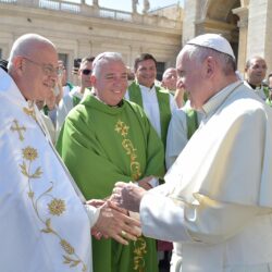 Maronite Bishop Gregory Mansour and Roman Catholic Bishop Nelson J. Pérez, Archbishop of Philadelphia (center) with Pope Francis during a 2016 visit to Rome with pilgrims from the Catholic University of America. Photo courtesy of Bishop Gregory Mansour