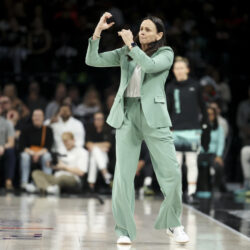 New York Liberty coach Sandy Brondello won't have Betnijah Laney-Hamilton back until September, and lost two other players as training camp opened this week. AP Photo by Ian Maule