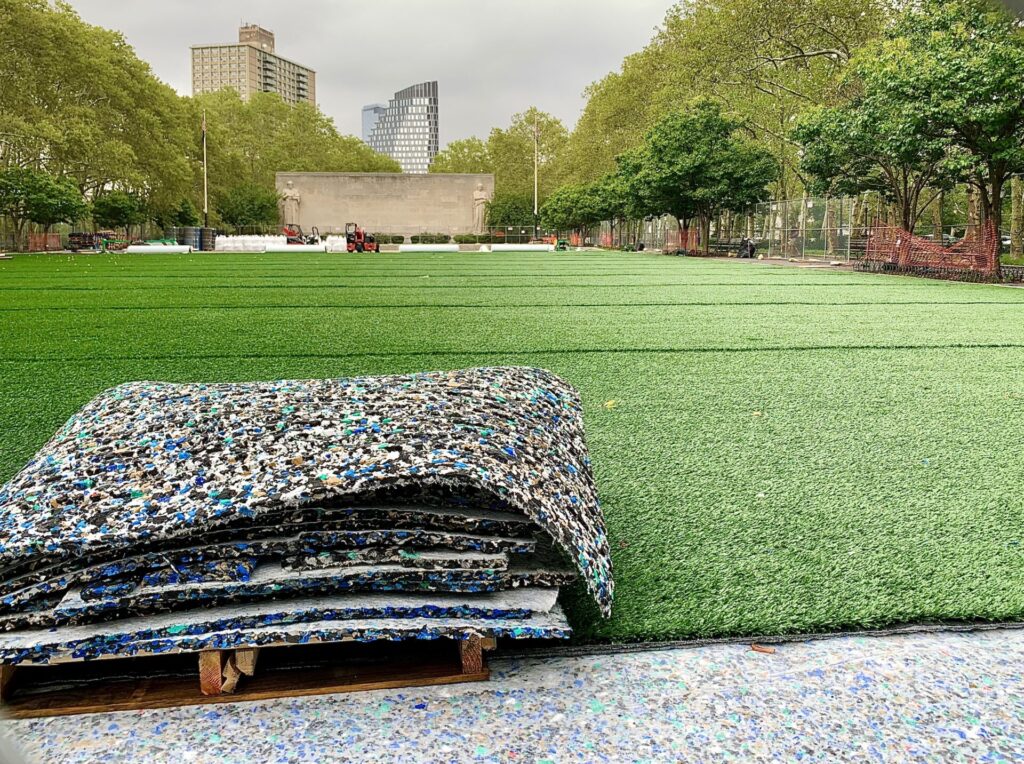 In 2023, Cadman Plaza Park rolled out new turf made of more sustainable materials. Photo by Mary Frost