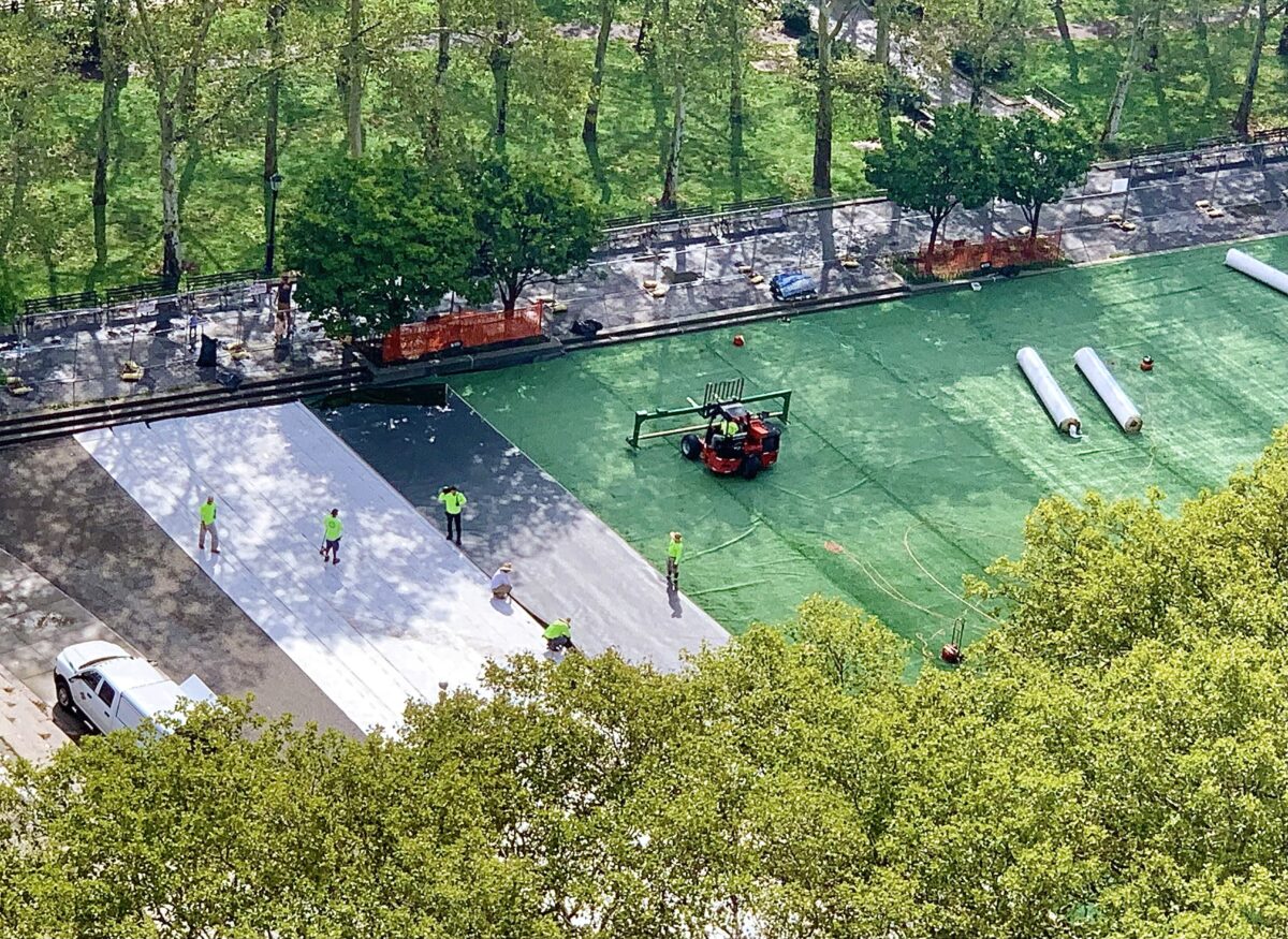 Cadman Plaza Park is one of several parks around the city to reevaluate its use of artificial turf. Photo by Mary Frost