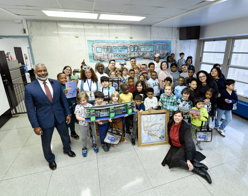 MTA New York City Transit President Demetrius Crichlow surprises P.S. 282 students with a visit. Photo by Marc A. Hermann/MTA