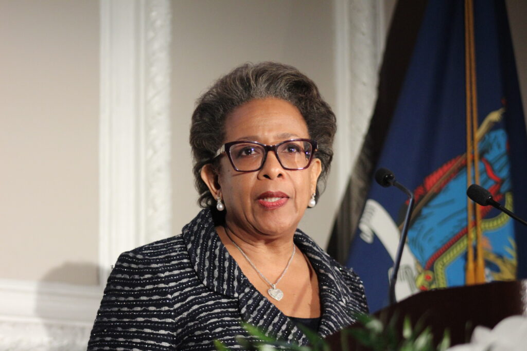 Former Attorney General Loretta Lynch speaks at the City Bar Justice Center's 20th annual gala on Wednesday, April 9, 2025.