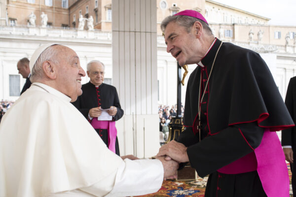 Pope Francis greets Brooklyn Diocesan Bishop Robert J. Brennan in this September 10, 2024 photo. Photo courtesy Diocese of Brooklyn