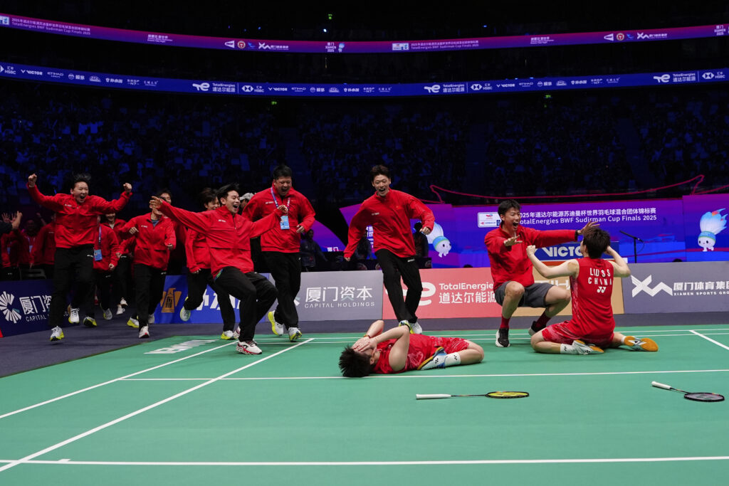 China's Liu Shengshu and Tan Ning celebrate after defeating South Korea's Baek Ha-na and Lee So-hee in the women's doubles badminton final match at the BWF Sudirman Cup, in Xiamen in southeastern China's Fujian province, Sunday, May 4, 2025.