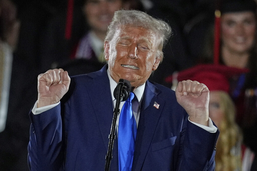 President Donald Trump talks about transgender weightlifters as gives a commencement address at the University of Alabama, Thursday, May 1, 2025, in Tuscaloosa, Ala.
