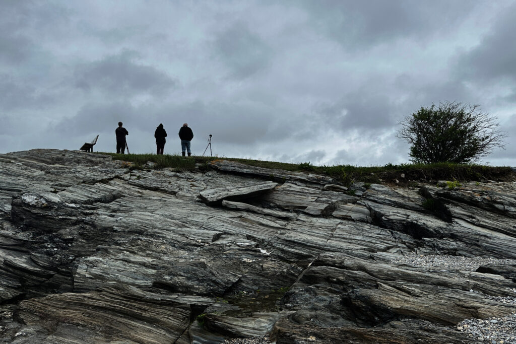 Bird watchers look out under dark skies at Kettle Cove State Park, Thursday, May 22, 2025, in Cape Elizabeth, Maine.