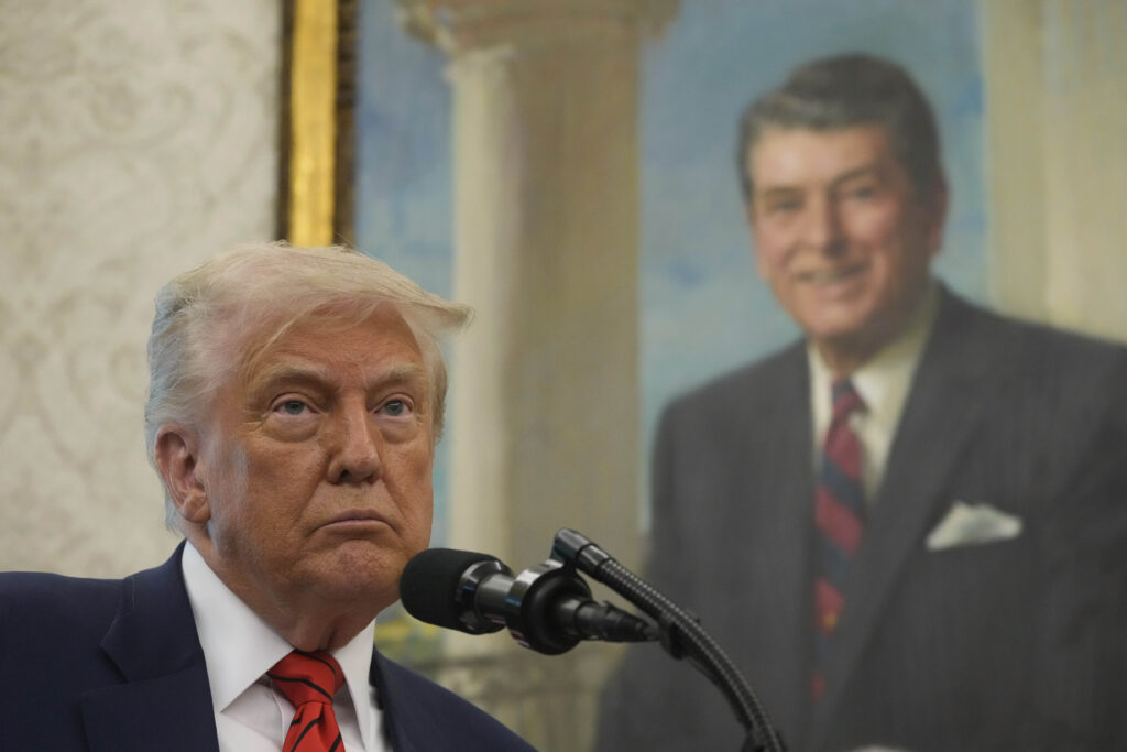 President Donald Trump speaks before Steve Witkoff is sworn as special envoy during a ceremony in the Oval Office of the White House, Tuesday, May 6, 2025, in Washington, with a portrait of former President Ronald Reagan in the background.
