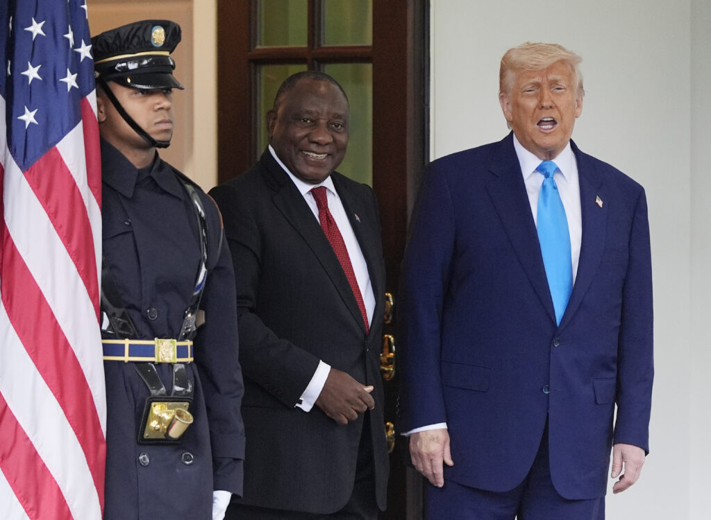 President Donald Trump greets South African President Cyril Ramaphosa at the White House, Wednesday, May 21, 2025, in Washington.