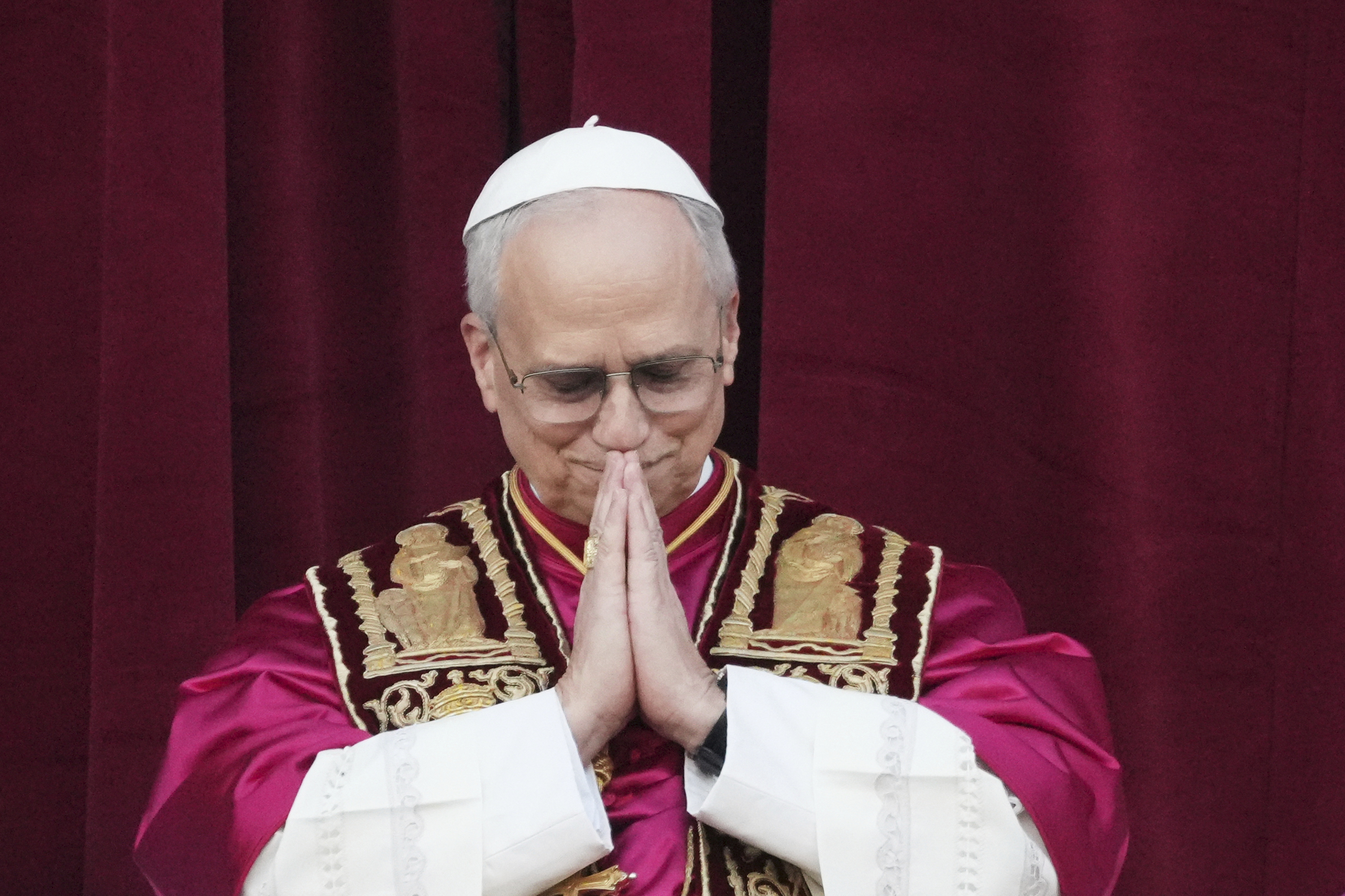 Pope Leo XIV appears on the central loggia of St. Peter's Basilica after being chosen the 267th pontiff of the Roman Catholic Church, at the Vatican, Thursday, May 8, 2025.