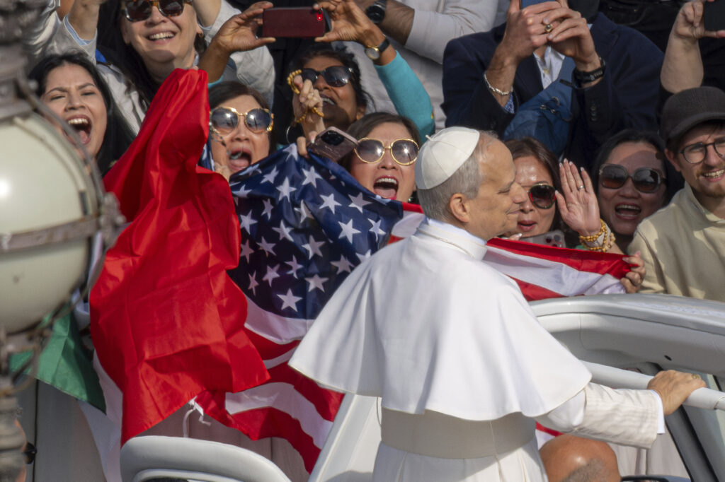 Pope Leo XIV on his popemobile tours St. Peter's Square at the Vatican prior to the inaugural Mass of his pontificate, Sunday, May 18, 2025.